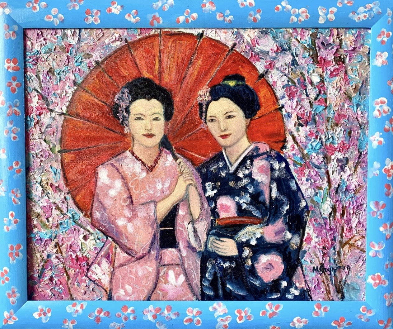 Geishas in a Blossoming Sakura Garden by Marina Stognieva, oil on canvas, 40 × 50 cm